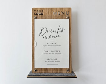 Menú de mesa de madera y acrílico, Menú con logotipo, Porta menú de restaurante, Menú de bar, Porta letreros de acrílico, Menú de pie, Menú de boda de plexiglás