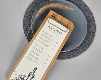 Drewniana karta win, Menu na podkładce z dębowej sklejki, Grawerowany uchwyt na menu restauracji, Tablica menu, Menu z logo, Menu z drinkami w kawiarni