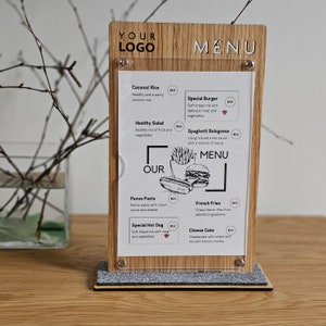 Expositor de menú de madera y acrílico tamaño A5, menú de sobremesa, menú con logotipo, portamenús de restaurante, menú de bar, portamenús de acrílico, menú de boda