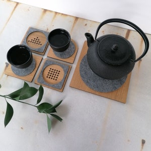 Brown and gray geometric wood and felt coasters set of 4, Modern tea drink coasters, Minimalist teapot tray, Gift for friend, family 4 coasters + 1 big