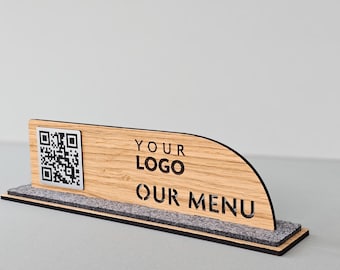 Stojak na menu QR z drewna dębowego, szyld do restauracji, kawiarni i baru, uchwyt z grawerowanym logo