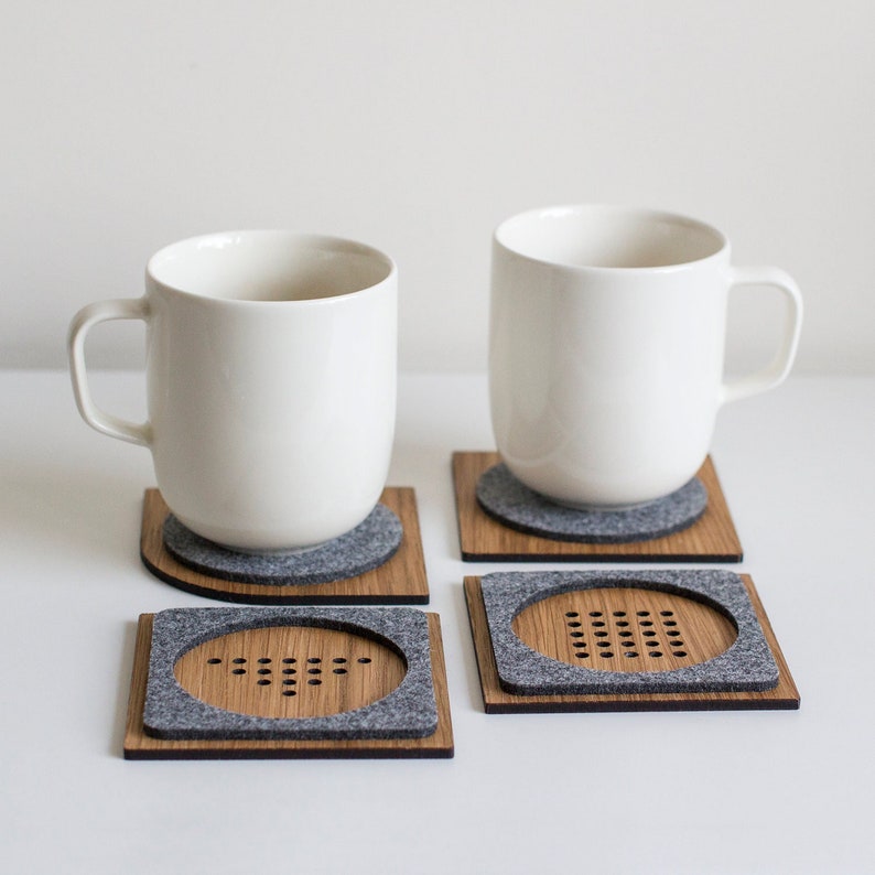 Brown and gray geometric wood and felt coasters set of 4, Modern tea drink coasters, Minimalist teapot tray, Gift for friend, family Set of 4 coasters