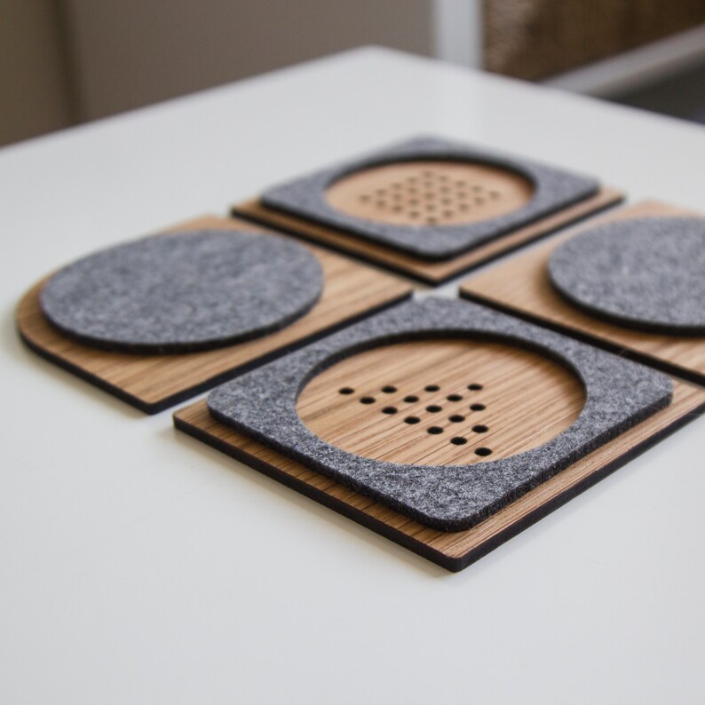 Brown and gray geometric wood and felt coasters set of 4, Modern tea drink coasters, Minimalist teapot tray, Gift for friend, family image 7