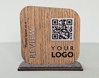 Personalized wooden tabletop review QR code sign, Google feedback, Custom HoReCa rating booster display for hotels, Oak stand with logo