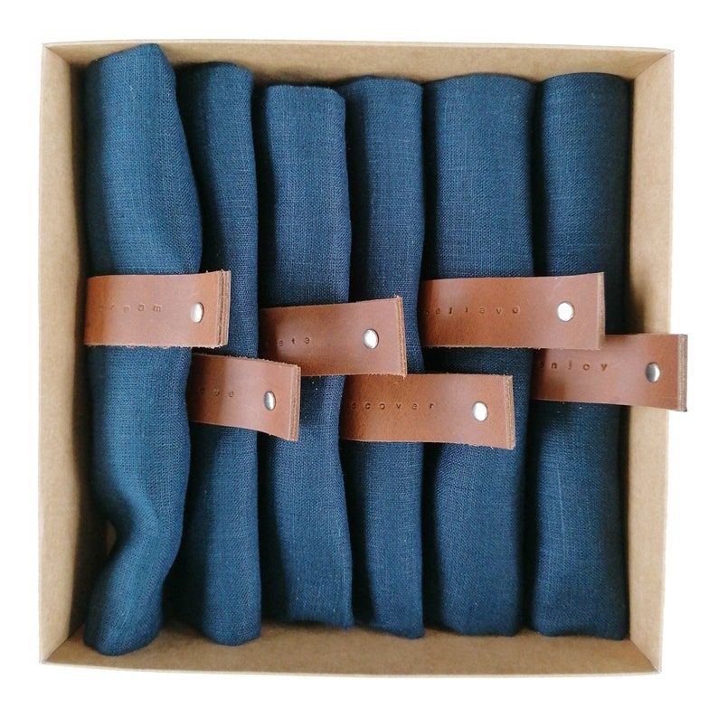 Navy blue, gray linen napkins with hand-stamped genuine leather rings with greetings Scandinavian style Christmas table accessory image 4
