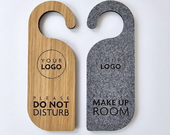 Engraved Front door Sign, Personalized Reversible Felt & Wood Door Hanger: Do Not Disturb / Make Up Room