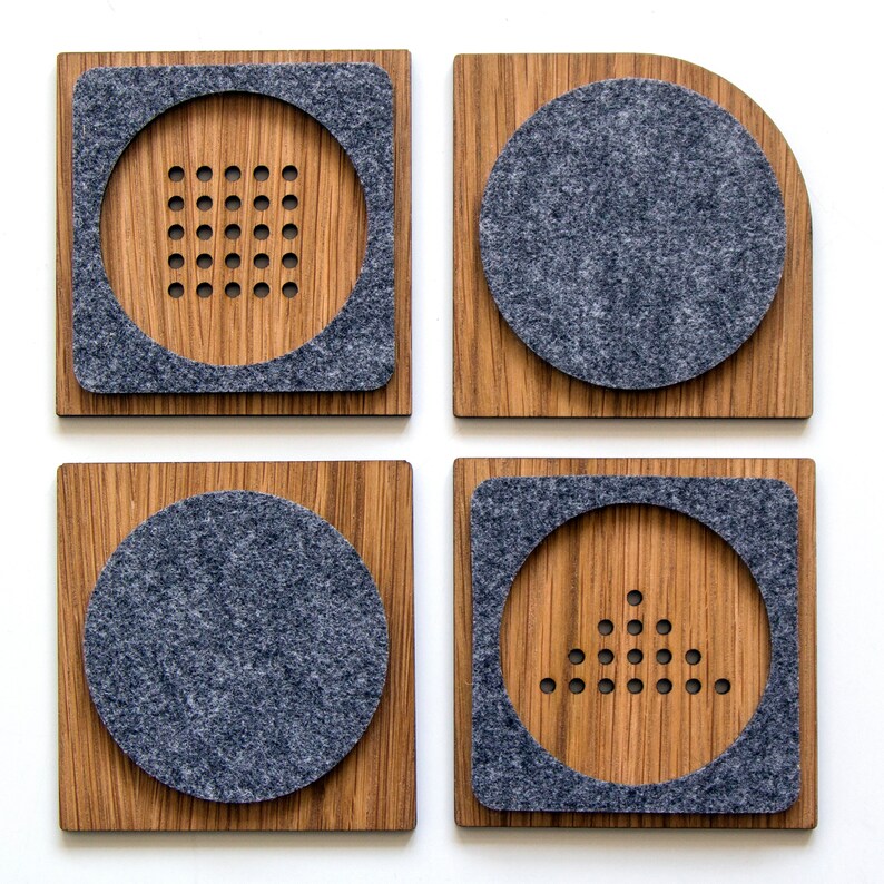 Brown and gray geometric wood and felt coasters set of 4, Modern tea drink coasters, Minimalist teapot tray, Gift for friend, family image 2