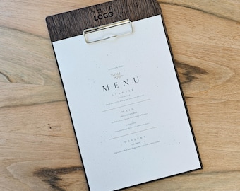 Niestandardowa tablica menu z grawerowanym, fornirowanym dębem i logo dla restauracji i kawiarni, uchwyt na menu do HoReCa, spersonalizowane menu na stół