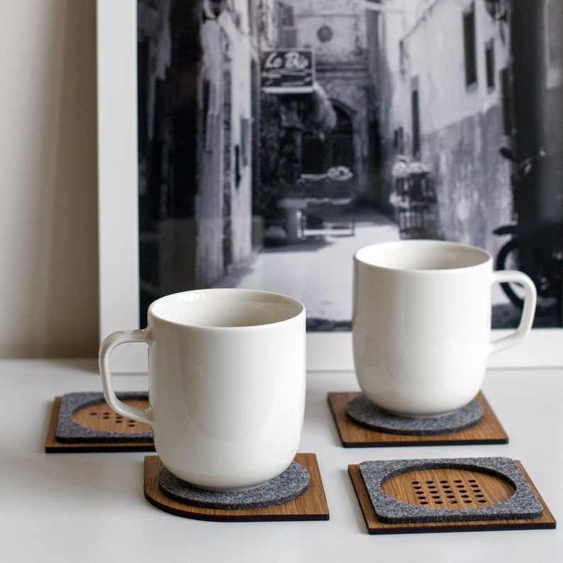 Brown and gray geometric wood and felt coasters set of 4, Modern tea drink coasters, Minimalist teapot tray, Gift for friend, family image 6