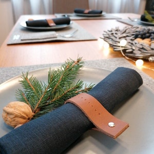 Navy blue, gray linen napkins with hand-stamped genuine leather rings with greetings Scandinavian style Christmas table accessory image 5