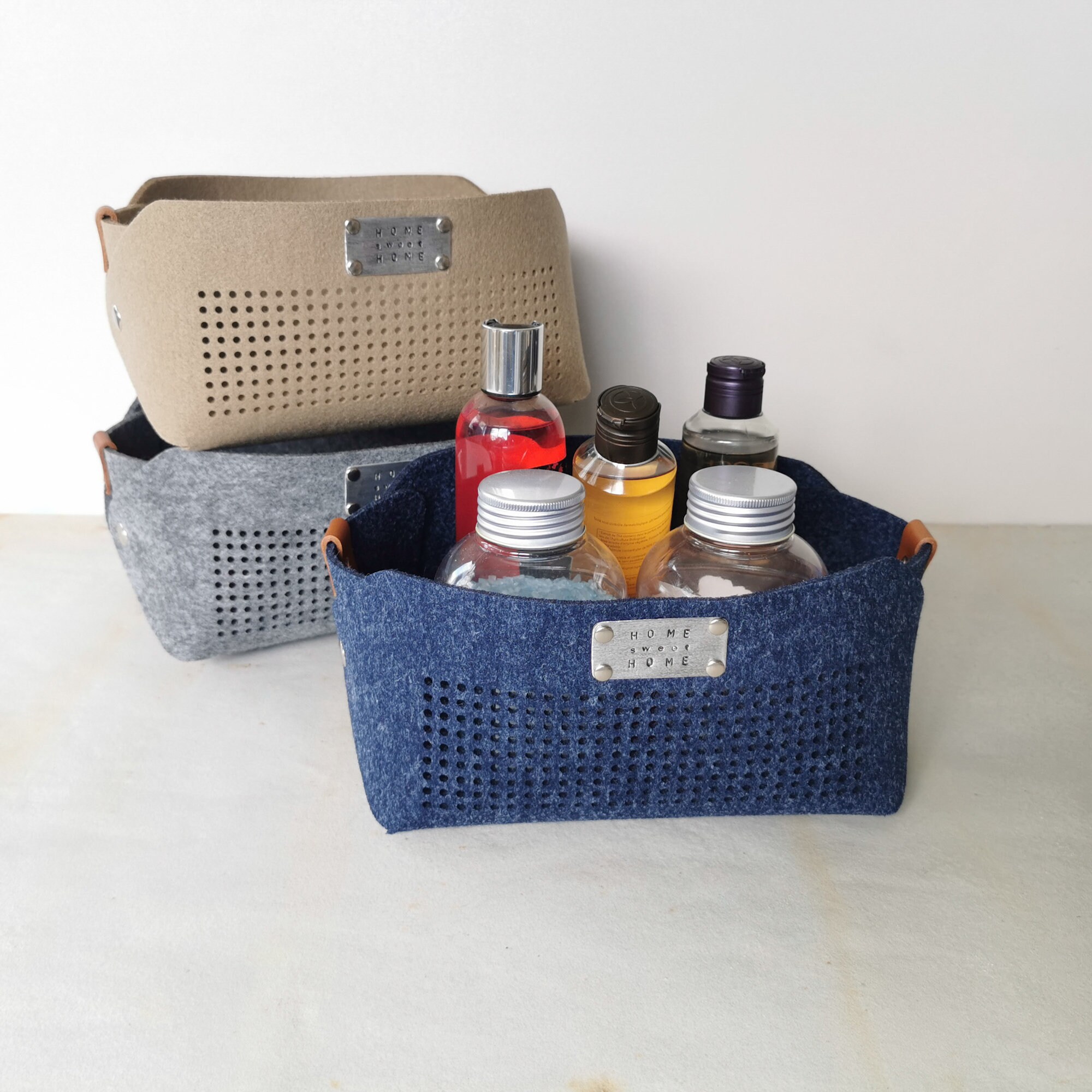 Storage Basket, Compact Storage Bin, Grey, Navy Blue, Beige Felt ...