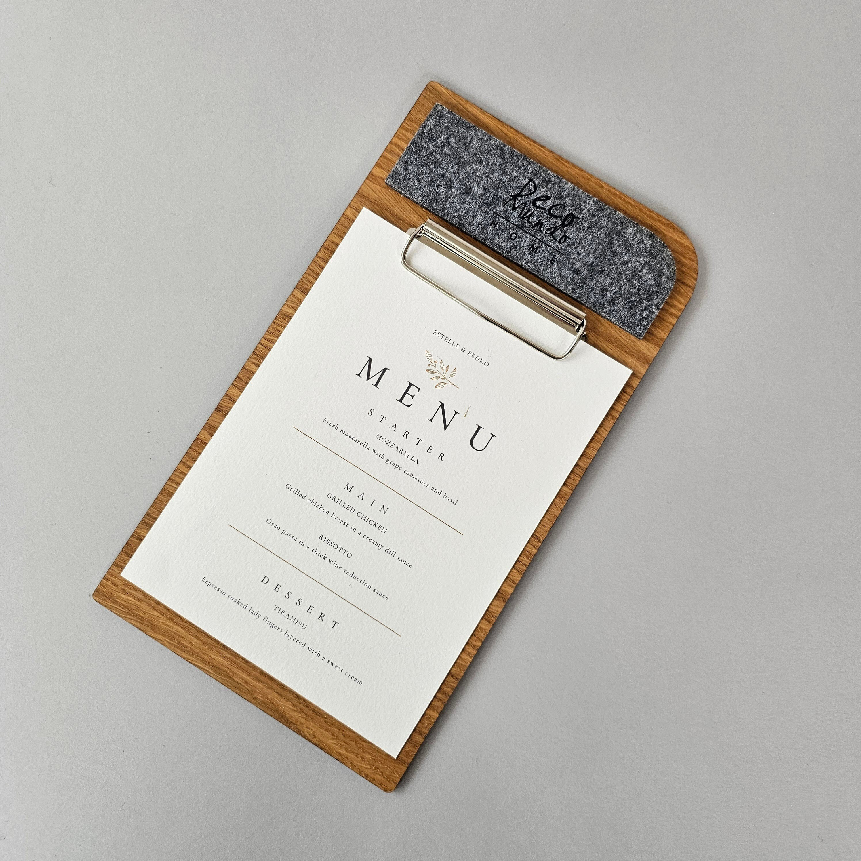 Wooden Menu Holder for Horeca, Oak Plywood and Felt Clipboard Menu