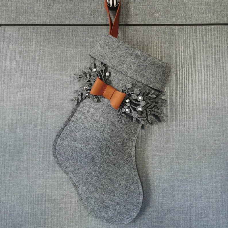 Handmade grey felt Christmas stocking, Personalized stockings for Christmas, Custom Christmas stockings with name tag, Advent season image 6