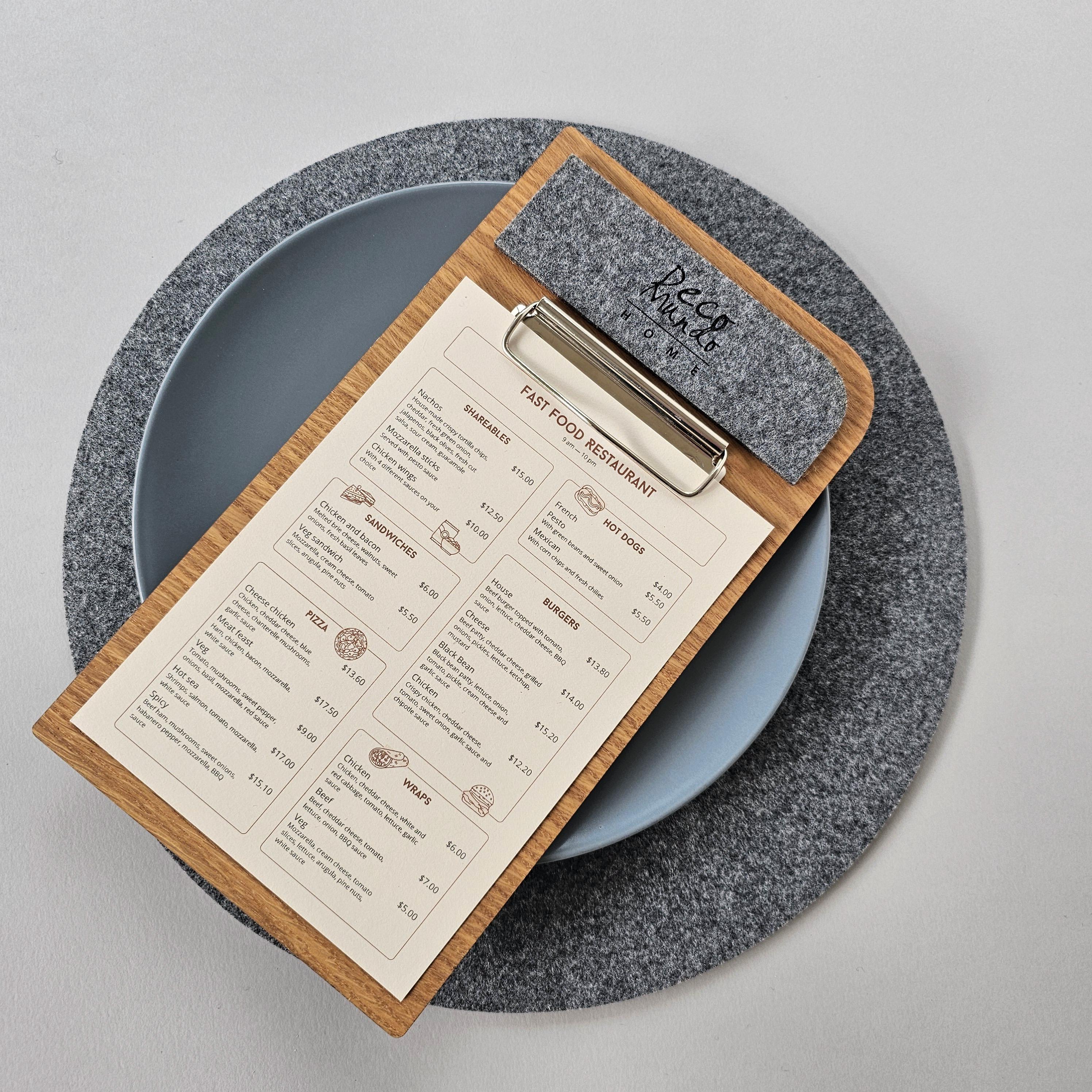 A5/A4 Custom Oak Menu Board With Logo, Restaurant Clipboard, Wood