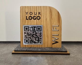 Spersonalizowany drewniany znak z kodem QR WiFi na stół, dostęp do Internetu dla gości, niestandardowy wyświetlacz HoReCa dla hoteli, stojak dębowy z logo firmy