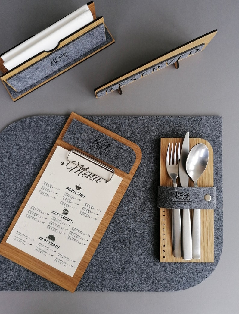 Wooden Menu Holder for Horeca, Oak Plywood and Felt Clipboard Menu