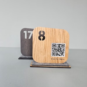 Custom Wood Table Numbers with QR Code, Restaurant Seating Sign, Cafe Table Marker, Oak Veneer Digital Menu Stand, Table numbers for HoReCa