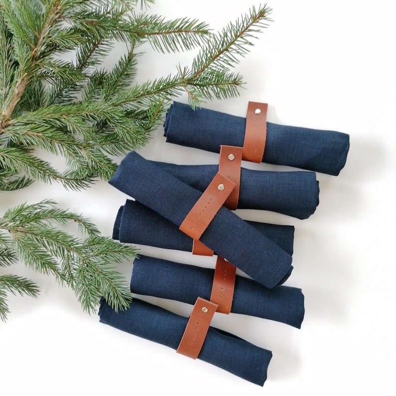 Navy blue, gray linen napkins with hand-stamped genuine leather rings with greetings Scandinavian style Christmas table accessory image 1