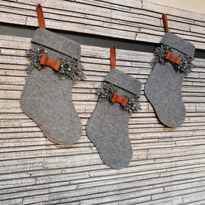 Handmade grey felt Christmas stocking, Personalized stockings for Christmas, Custom Christmas stockings with name tag, Advent season image 9