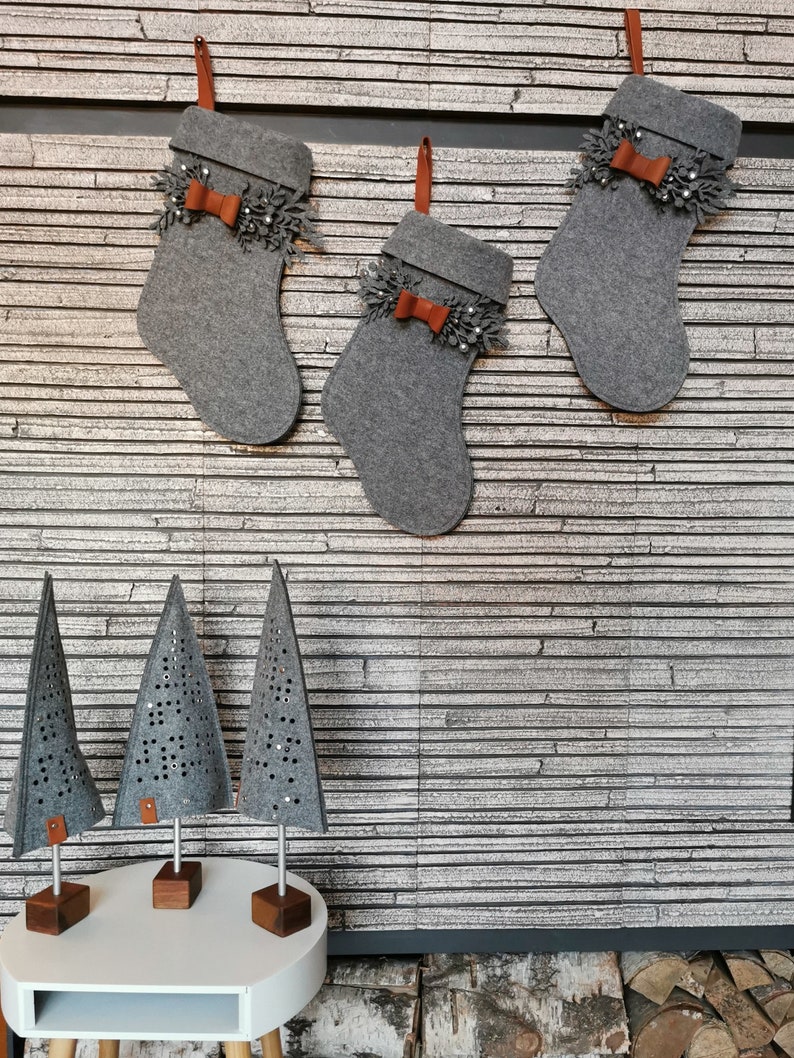 Handmade grey felt Christmas stocking, Personalized stockings for Christmas, Custom Christmas stockings with name tag, Advent season image 8