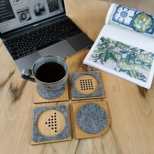 Brown and gray geometric wood and felt coasters set of 4, Modern tea drink coasters, Minimalist teapot tray, Gift for friend, family image 4