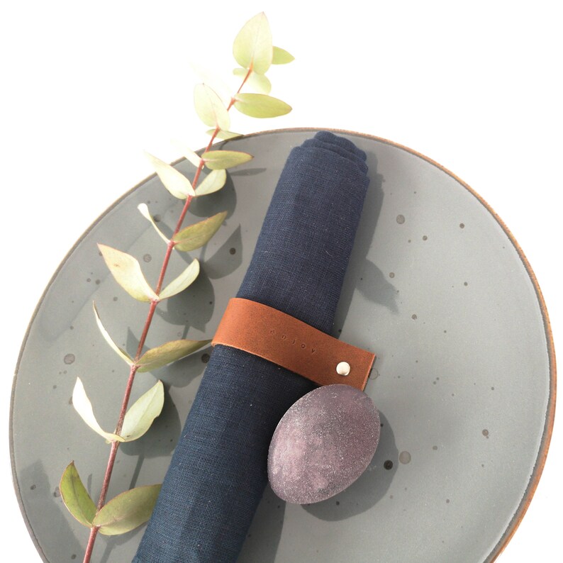 Navy blue, gray linen napkins with hand-stamped genuine leather rings with greetings Scandinavian style Christmas table accessory image 9