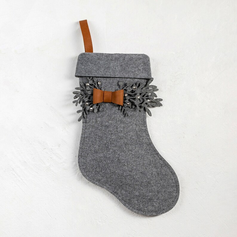 Handmade grey felt Christmas stocking, Personalized stockings for Christmas, Custom Christmas stockings with name tag, Advent season image 2