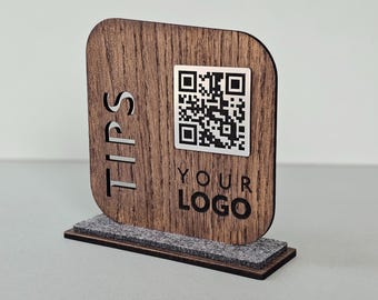 Spersonalizowany drewniany znak na napiwki z kodem QR do obsługi restauracji, niestandardowy cyfrowy wyświetlacz napiwków HoReCa, dębowy stojak z logo