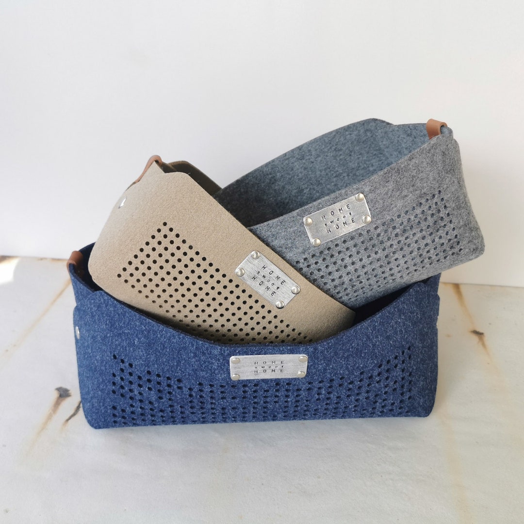 Storage Basket, Compact Storage Bin, Grey, Navy Blue, Beige Felt ...