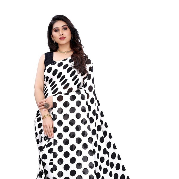 Mithila Root Indian Women Casual Wear Designer Sari Georgette Polka Dot Printed Bollywood Fashionable Saree With Unstitched Blouse