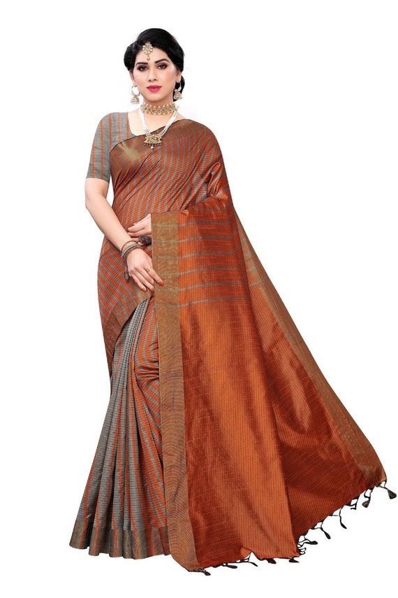 Women's Art Silk Striped Printed Saree With Unstitched Blouse Piece Pack of 5