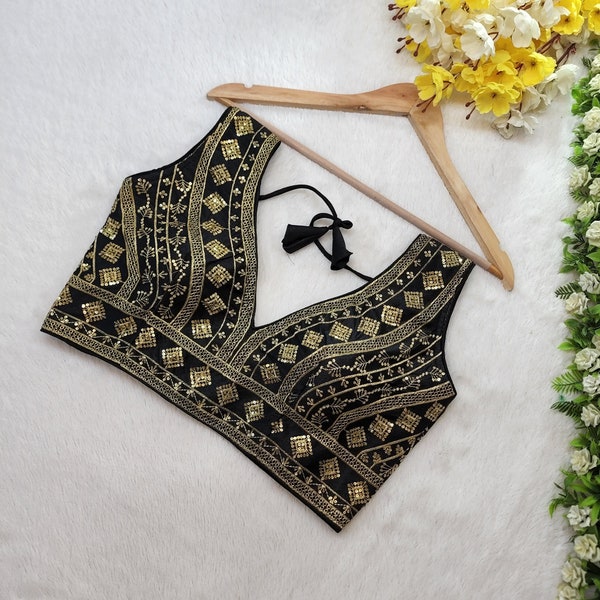 Designer Women Embroidered Indian Readymade Blouse Padded Lehenga Crop Top Tussar Silk Choli Saree Blouse Handmade Sleeveless Sari Blouse
