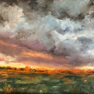 Original Oil Painting Sunset Over Mueller Field - Austin Texas Landscape Art - Colorful Dramatic Sky Gift&quot;