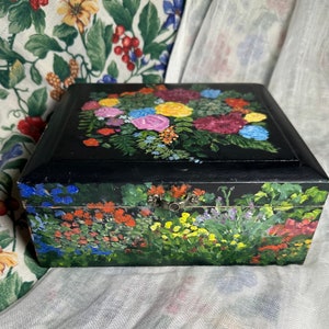 Golden Garden Painted Wood Keepsake Box - Hand-Painted Floral Memory Box - Upcycled Decorative Wooden Gift for Garden Lovers
