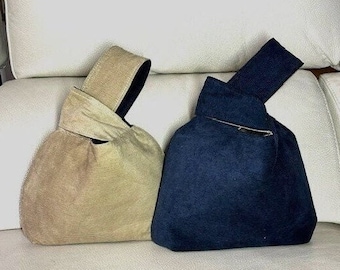 Sac à bandoulière japonais réversible en velours côtelé Sac à main pour femme Sac à main pour femme, Sacs à main beiges marine, Pochette cadeau d'anniversaire de Noël