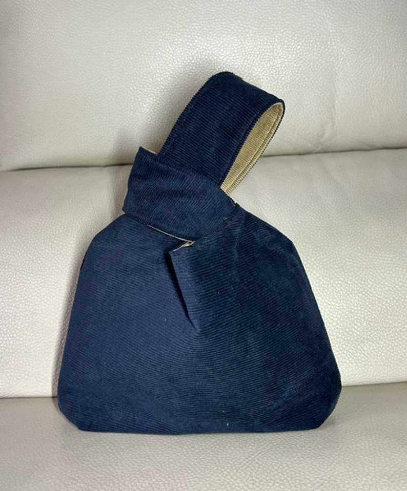 Reversible Japanese Knot Bag Corduroy Handbag Wristlet Bags Purse Lady Woman Girl Navy Beige Handbags Christmas Birthday Gift Pouch Purses Knot Bag Large