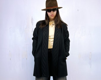 1990's Black Wool Swing Coat w ornate lapels