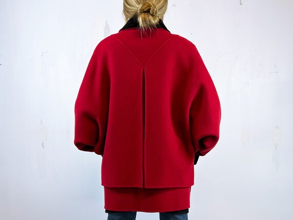 1990's Red Wool Unique Coat with Black Velvet Trim - image 2