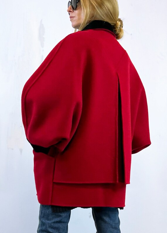 1990's Red Wool Unique Coat with Black Velvet Trim - image 3