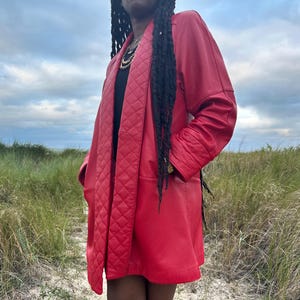 Vintage Red leather jacket with quilted lapels , soft leather coat, chanel like
