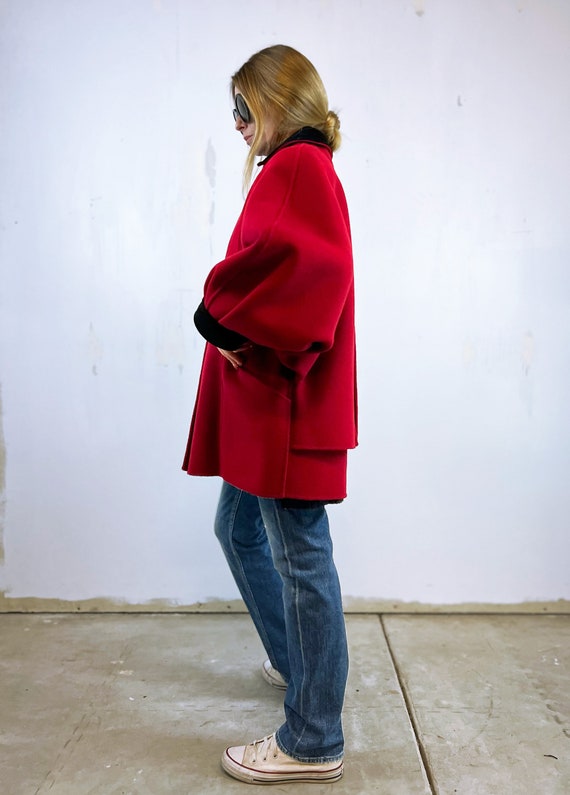 1990's Red Wool Unique Coat with Black Velvet Trim - image 6