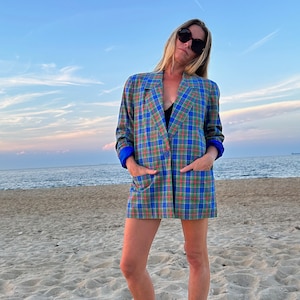 Blauwe geruite katoenen blazer uit de jaren 80