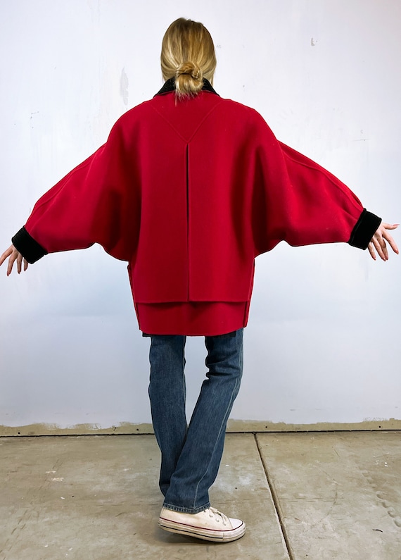 1990's Red Wool Unique Coat with Black Velvet Trim - image 7