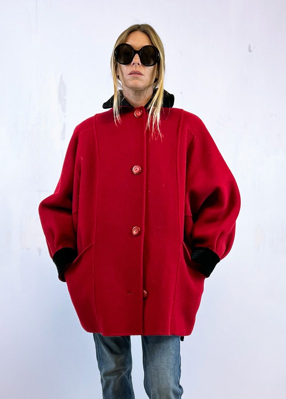 1990's Red Wool Unique Coat with Black Velvet Trim - image 5