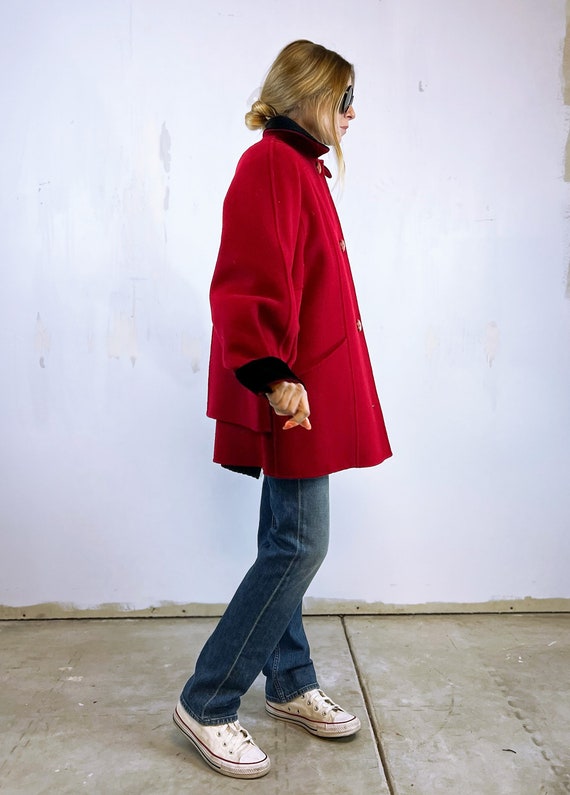 1990's Red Wool Unique Coat with Black Velvet Trim - image 4
