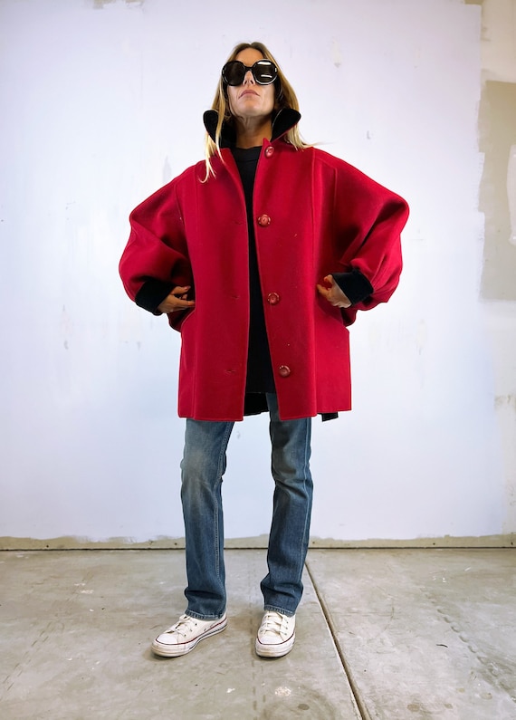 1990's Red Wool Unique Coat with Black Velvet Trim