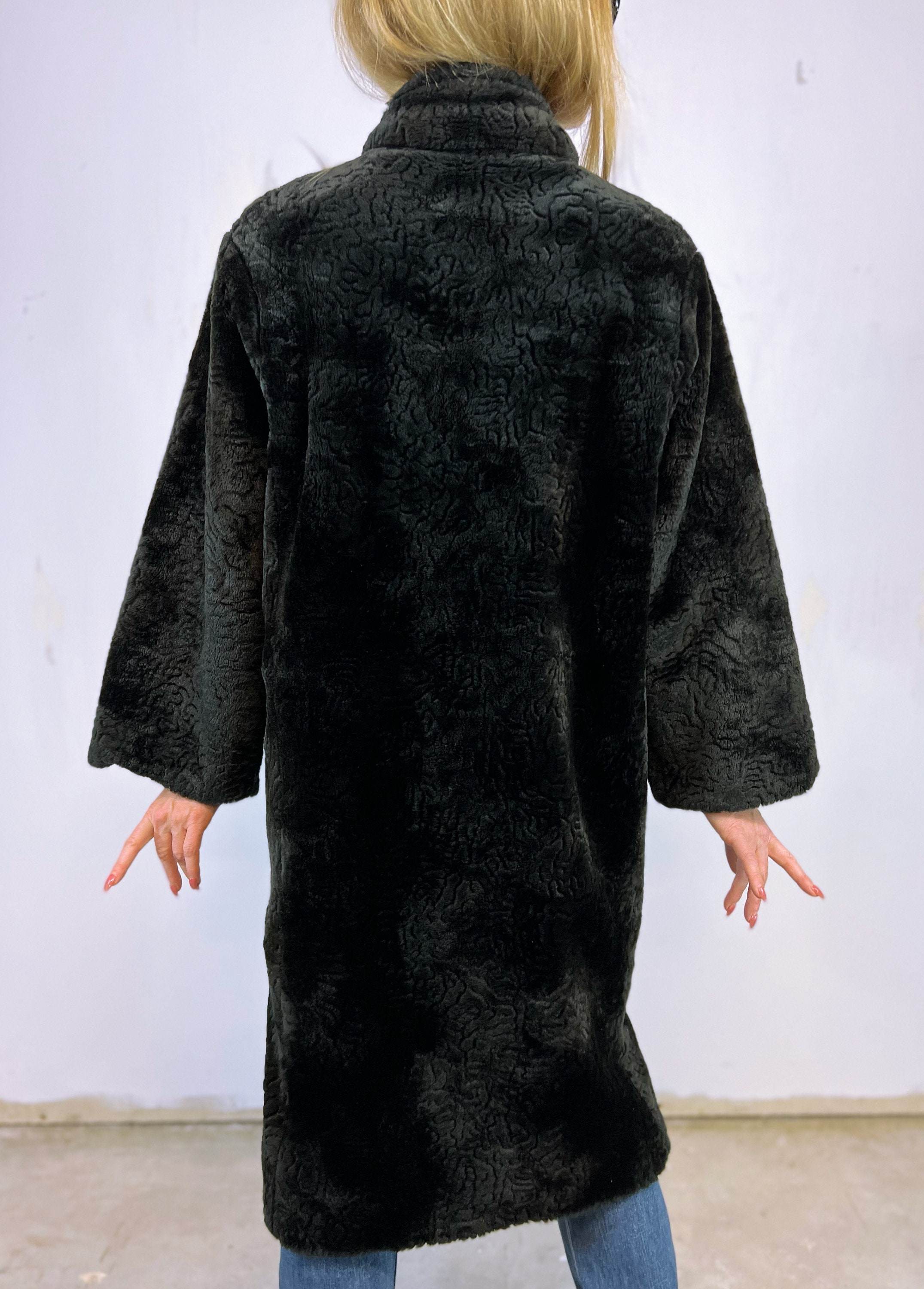 1970's Black Faux Fur Coat With Floral Embossed Pattern