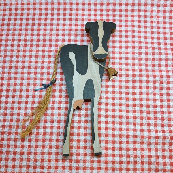 Country Cow Plaque Figurine Tall Wooden with Rope Tail and Copper Bell