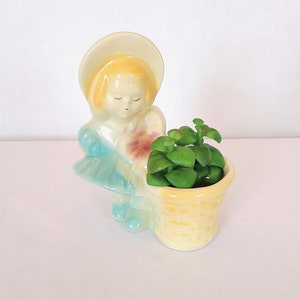 Shawnee Planter Girl with Basket Adorable Spring Decor #534 Yellow Blue Pink