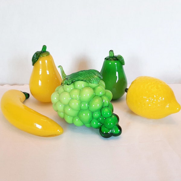 Glass Fruit Lemon Yellow Pear Green Pear Banana Blown and Molded Decorative with Applied Leaves